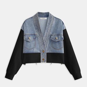 NWT ILLord V-neck paneled denim knit cardigan. Denim and Black Cardigan